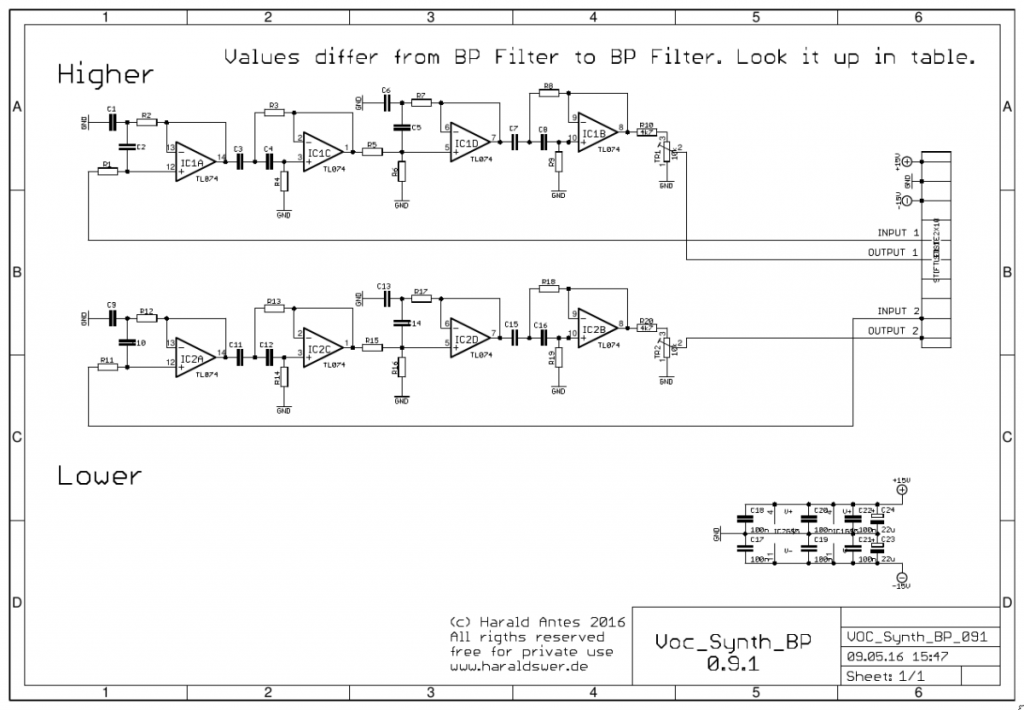 Vocoder: Synthesizer schematic band pass filter.