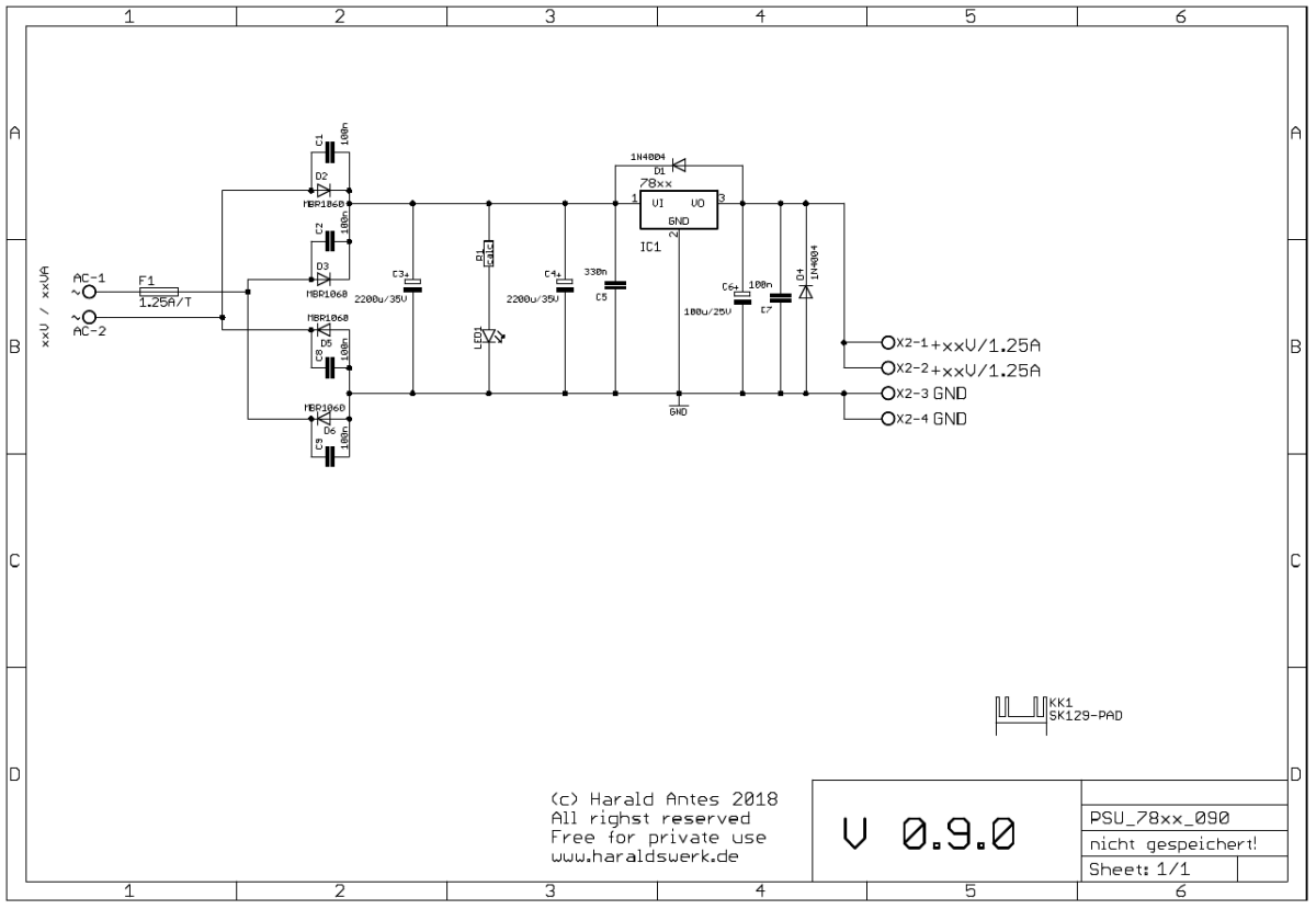 Basic PSU with 78xx voltage regulator schematic