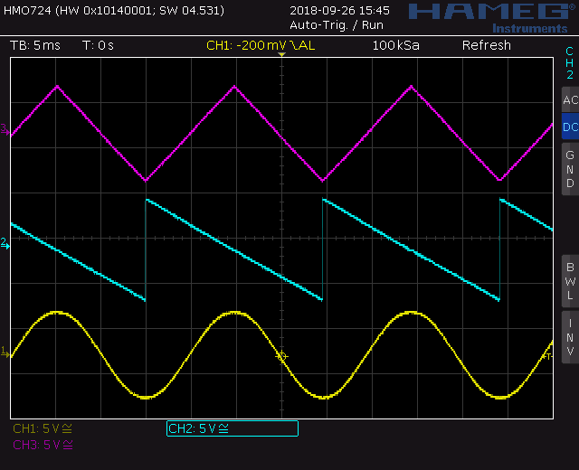 Voltage controlled LFO screenshot waveforms: triangle ramp down, sine
