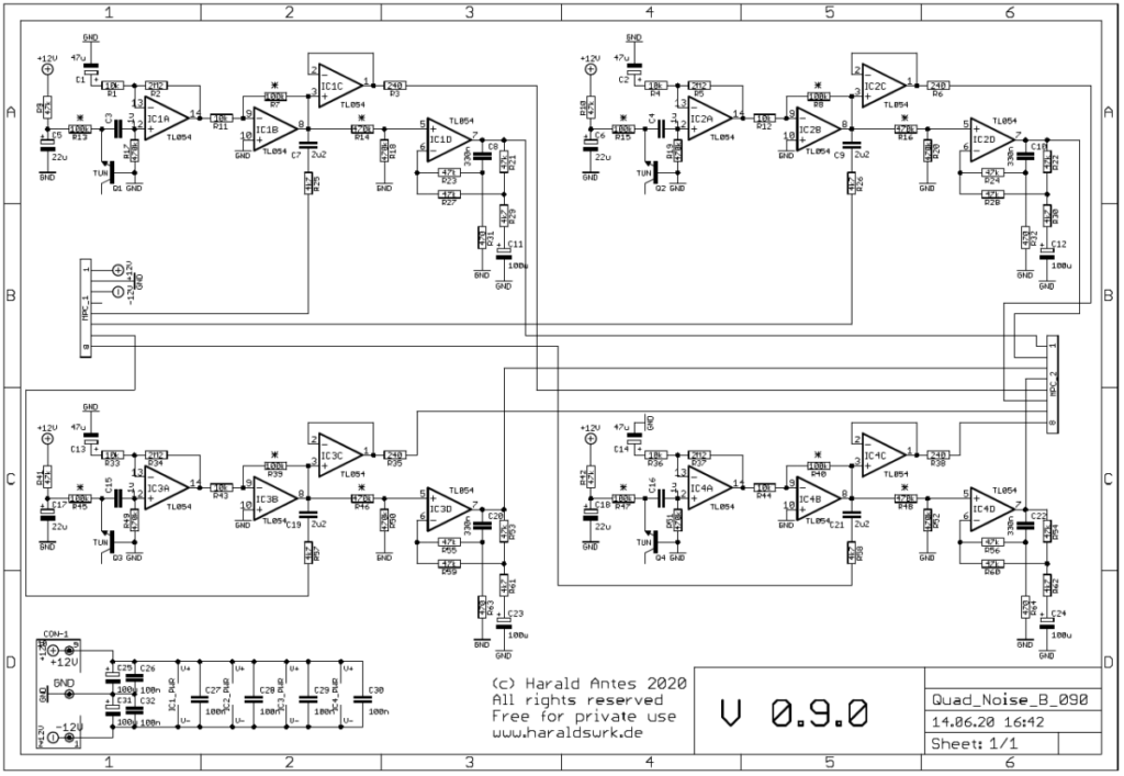 Quad white and colored noise source. Quad random voltage source. Schematic main PCB
